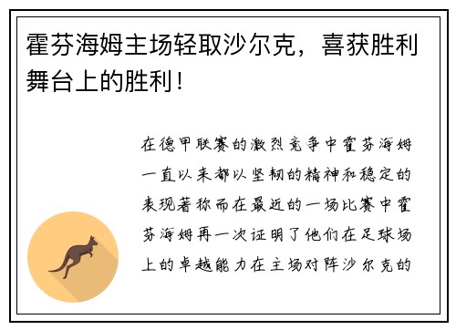 霍芬海姆主场轻取沙尔克，喜获胜利舞台上的胜利！