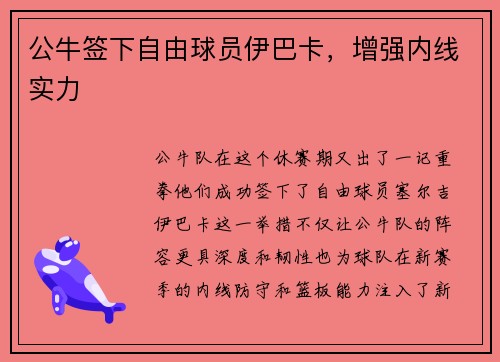 公牛签下自由球员伊巴卡，增强内线实力