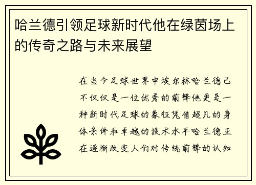 哈兰德引领足球新时代他在绿茵场上的传奇之路与未来展望